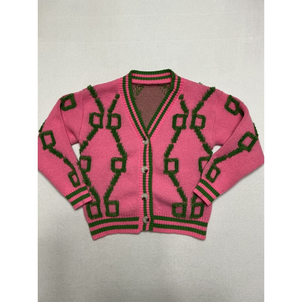 Womens M Pink Green Textured Geometric Cardigan Sweater Button Front Preppy